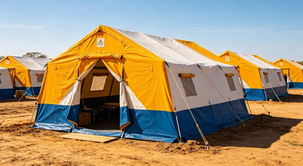 Emergency response tent captured during active deployment showing professional grade construction wind resistant frame and waterproof covering designed for long term use in challenging field conditions