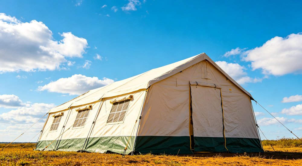 Large emergency shelter tent installed at disaster relief site providing weatherproof accommodation for affected populations with reinforced structure and quality materials visible