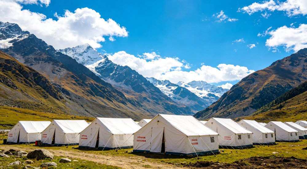 Professional emergency relief tent photographed in field deployment showing sturdy construction waterproof fabric and steel frame design suitable for disaster response and humanitarian aid operations