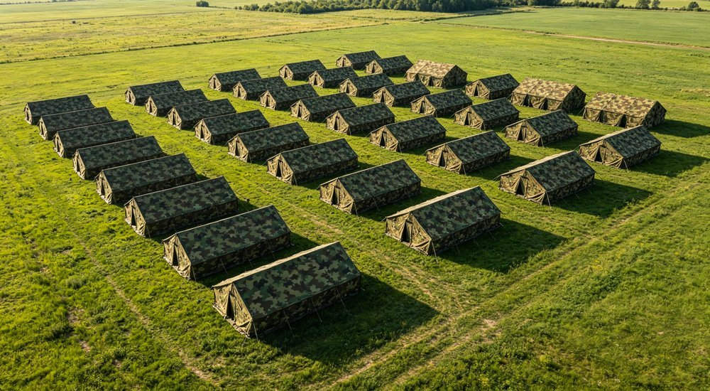 Aerial overhead view of military base camp with neat rows of camouflage tents on green grass field, sunny daylight, professional landscape photography