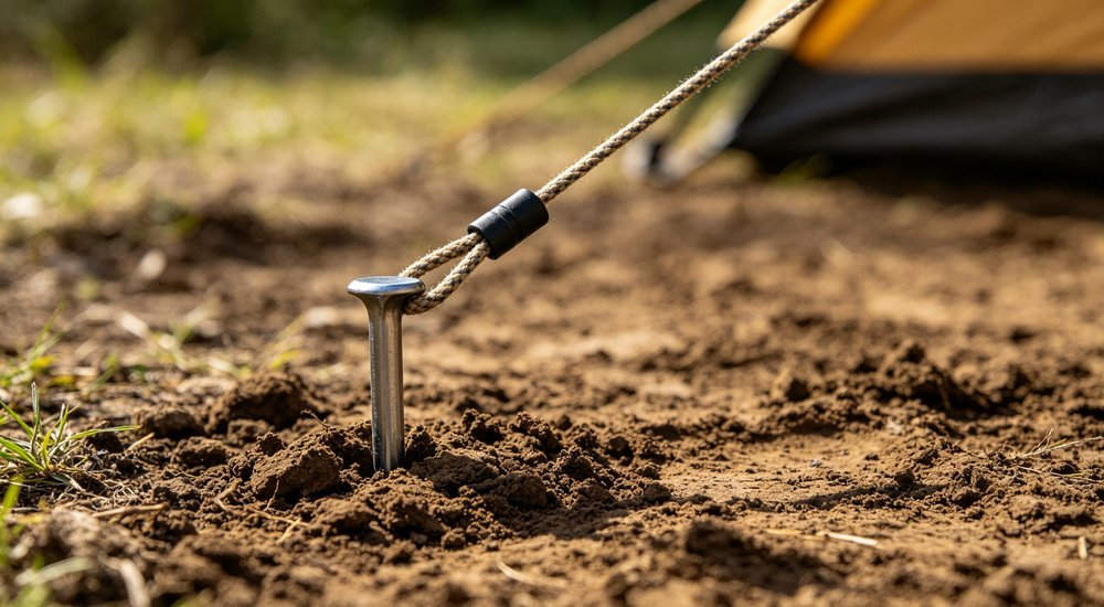 Close-up of steel tent stake hammered into soil with guy rope attached, earth texture, outdoor field, professional detail photography professional high quality realistic photography with detailed composition and natural lighting conditions