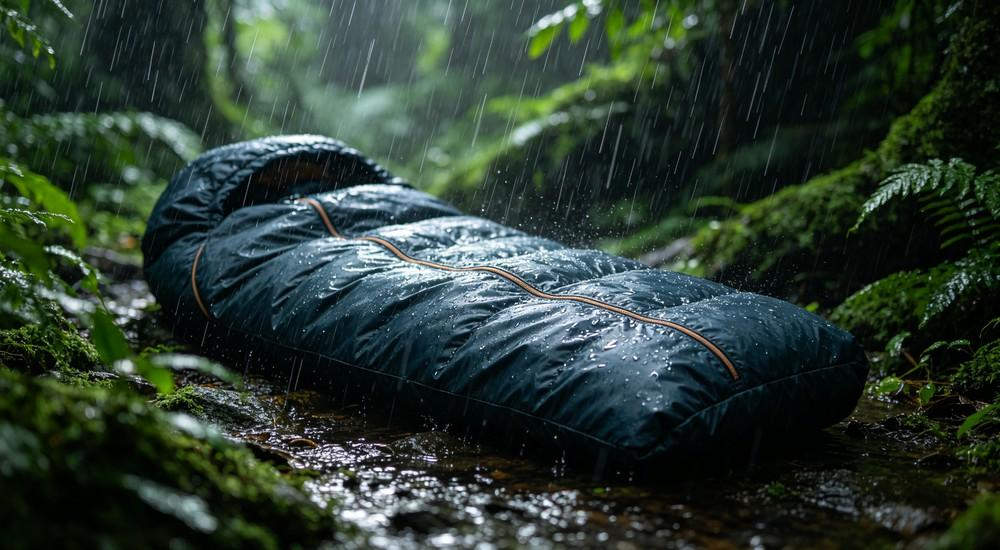 Macro close-up of clear water droplets rolling off dark sleeping bag fabric surface, demonstrating DWR water-repellent coating, studio lighting, professional product testing photography