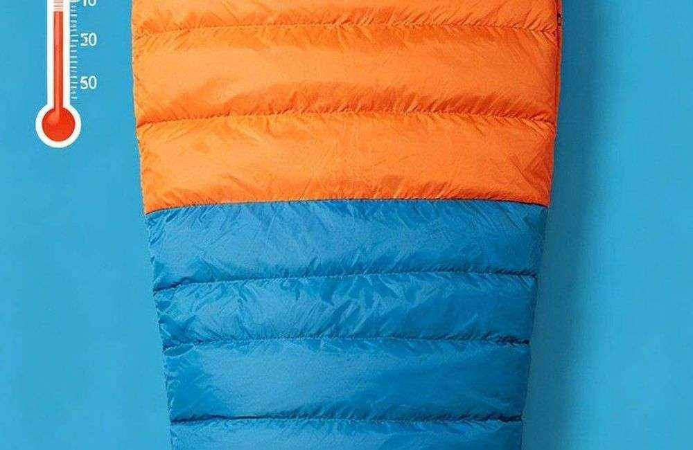 Top view flat lay of orange and blue envelope sleeping bags with thermometer showing temperature rating test on white background, product specification demonstration, studio lighting, no people