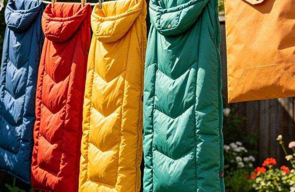 Wide angle view of colorful envelope sleeping bags hanging on outdoor clothesline drying in sunny weather, showing easy care and maintenance, fresh air drying, blue sky background, no people