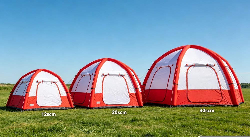 side by side comparison of inflatable tent and steel frame tent, professional product photography, blue sky background, designed for emergency response and disaster relief