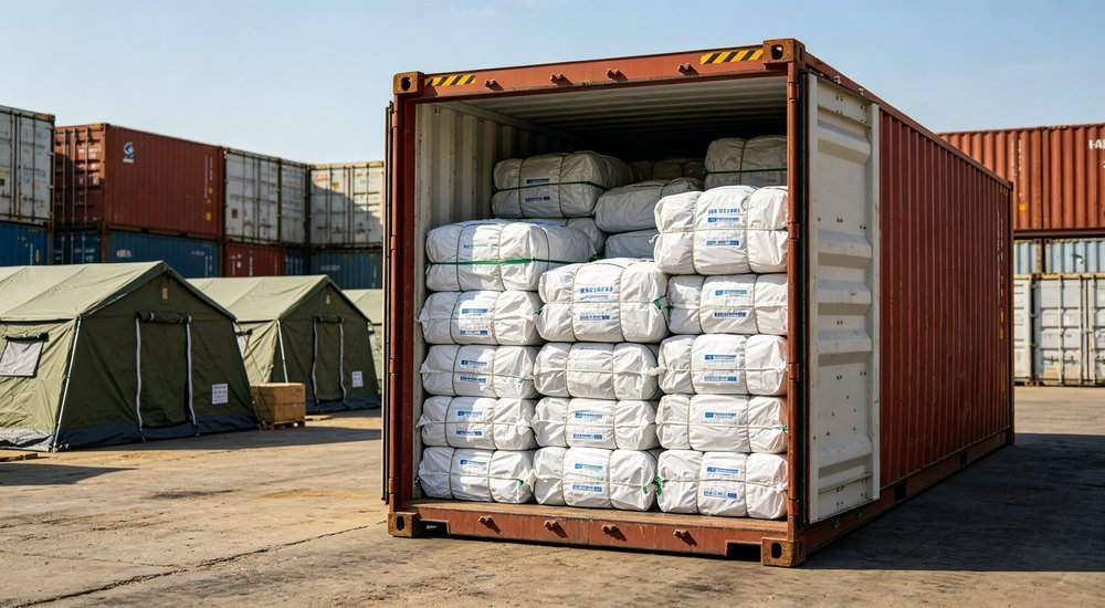 Shipping container loaded with packed relief tents for export delivery service, logistics and port cargo handling operation, professional photography and professional quality check