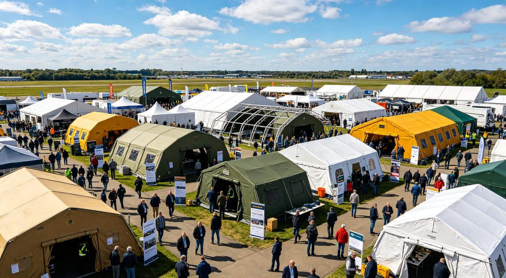 Aerial drone view showing multiple large emergency relief tents arranged in orderly rows across a disaster response camp with clear access pathways and blue sky overhead Aerial drone view showing multiple large emergency relief tents arranged in orderly rows across a disaster response camp with clear access pathways and blue sky overhead