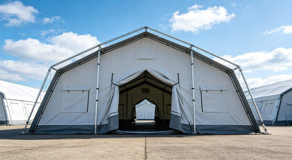 Front entrance view of a heavy duty emergency relief tent displaying the reinforced door frame sturdy zipper entrance and professional military grade construction quality