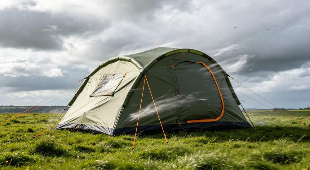 Heavy rain falling on steel frame relief tent, waterproof fabric performance in extreme rainy weather, realistic outdoor photography of emergency shelter in storm conditions