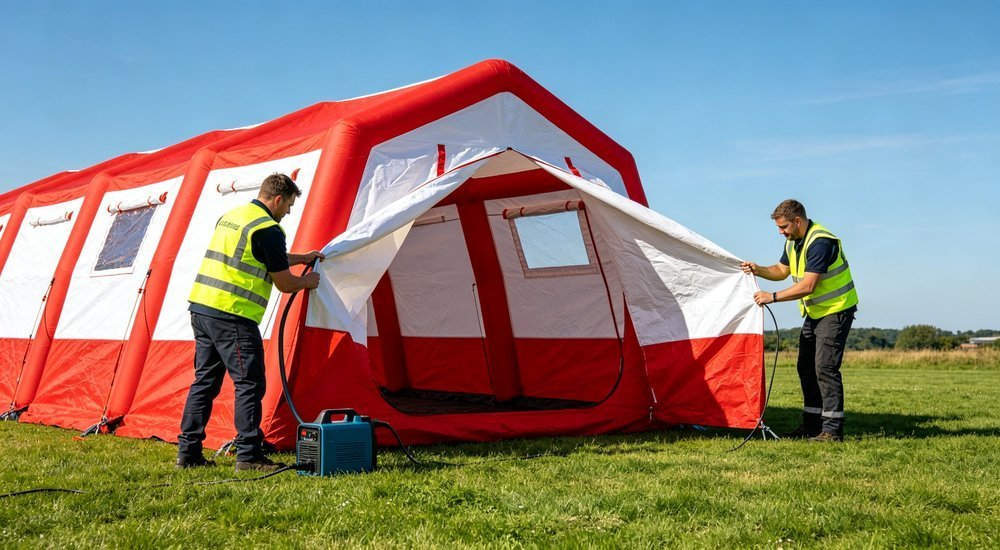 Workers setting up inflatable emergency tent in disaster zone, rapid deployment of humanitarian shelter equipment, professional field operation photography for humanitarian relief shelter procurement with professional quality standards