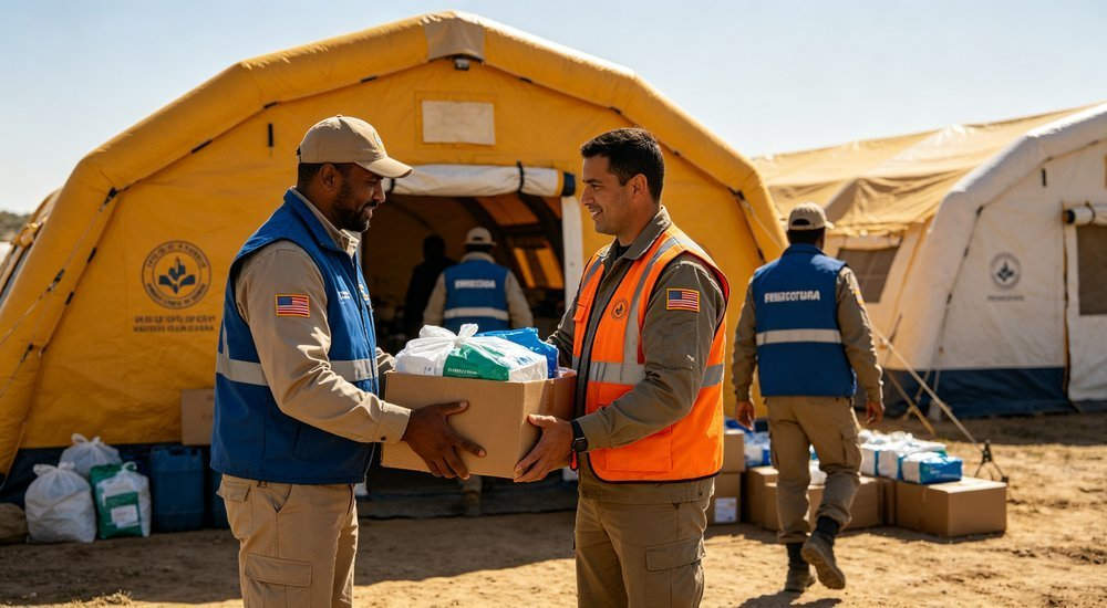 Humanitarian aid workers distributing relief supplies in organized camp setting, emergency shelter procurement operations with NGO staff coordinating distribution, professional humanitarian logistics photography