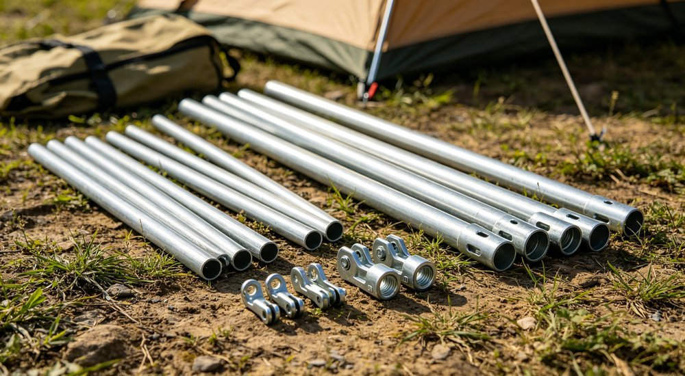 Spare steel poles and connectors laid out organized on workshop table, replacement parts inventory for humanitarian relief tent maintenance and repair, professional spare parts management photography