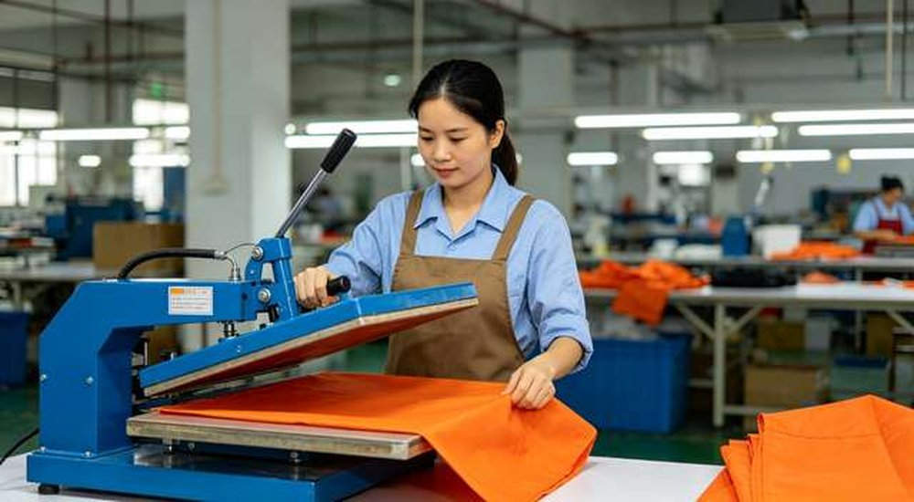 Asian Chinese factory worker using heat press machine on tent fabric for logo printing, custom OEM printing method, professional product photography