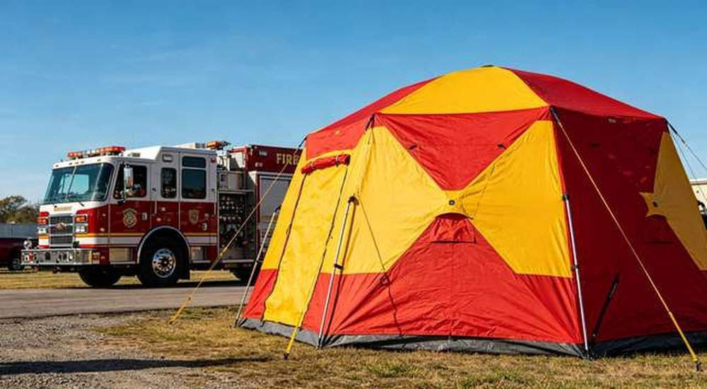 Fire rescue emergency tent at outdoor incident scene with fire truck and blue sky, custom OEM rapid deployment shelters, professional product photography