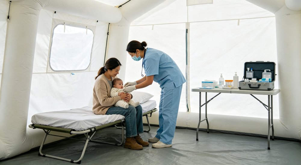 Privacy curtain inside inflatable medical tent separating patient areas, fabric partition red and white inflatable emergency shelter for disaster relief operations