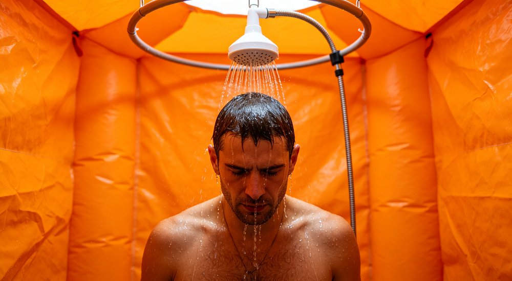 Shower system components for inflatable decon tent, simple shower head and hose, product shot red and white inflatable emergency shelter for disaster relief operations