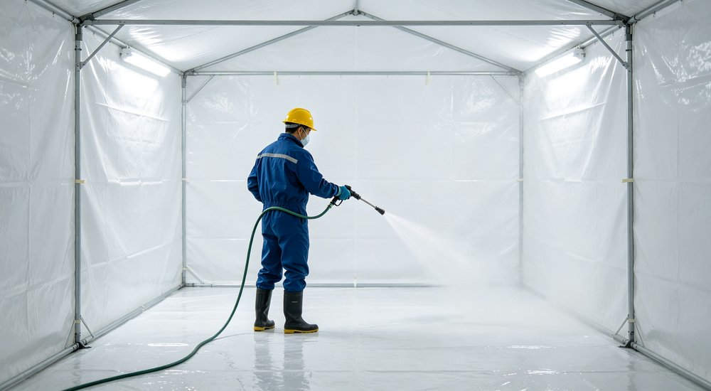 Interior cleaning of inflatable decon tent after use, worker washing PVC floor red and white inflatable emergency shelter for disaster relief operations