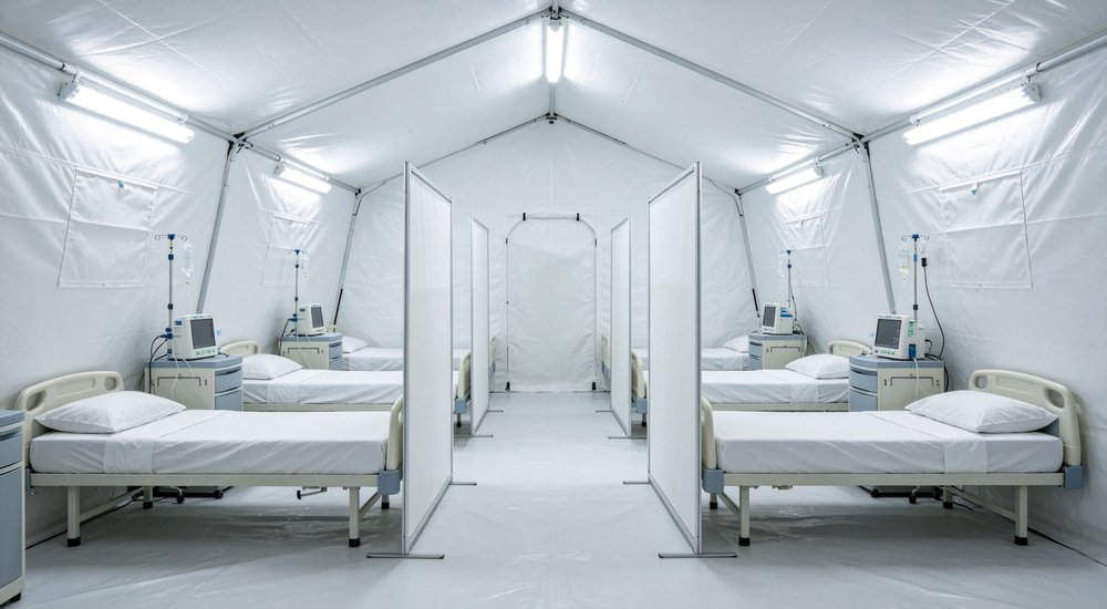 Interior of inflatable isolation tent with patient beds and medical equipment, bright lighting red and white inflatable emergency shelter for disaster relief operations