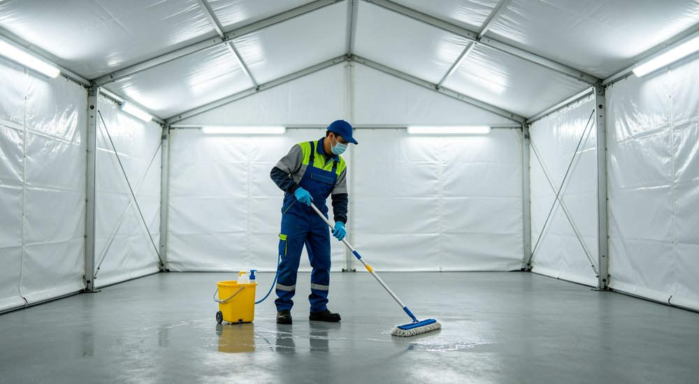 Module cleaning of modular inflatable tent after use, worker washing PVC fabric red and white inflatable emergency shelter for disaster relief operations