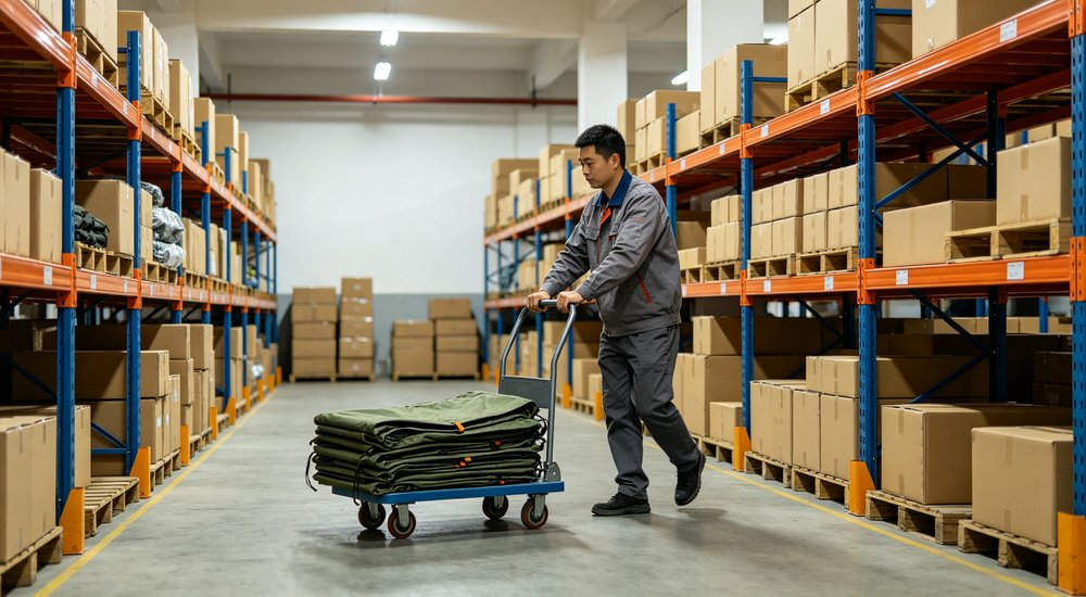 Warehouse quality control of modular inflatable tents showing Asian female inspector checking product, bright lighting red and white inflatable emergency shelter for disaster relief operations