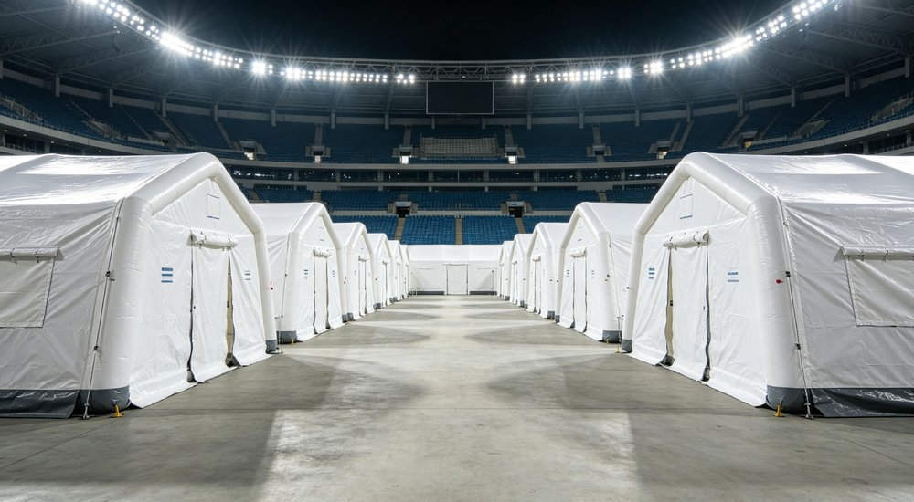 Stadium clinic setup with inflatable medical tents, large open area, green grass red and white inflatable emergency shelter for disaster relief operations