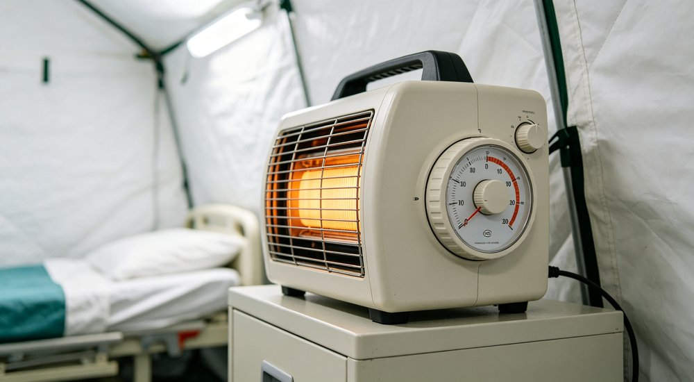 Temperature control inside inflatable medical tent, heater and thermometer, product shot red and white inflatable emergency shelter for disaster relief operations