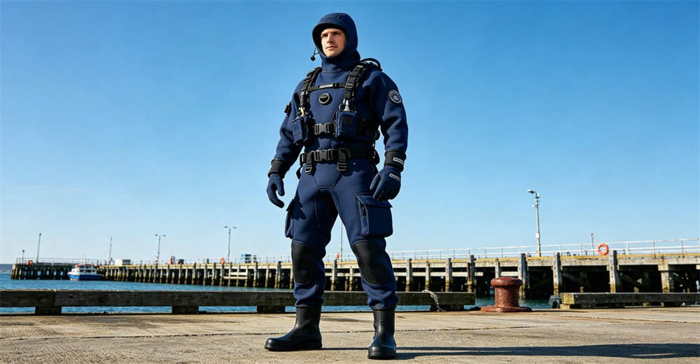 Rescue worker wearing full dry suit system with attached hood, gloves, boots, and thermal undergarment standing on dock ready for operation