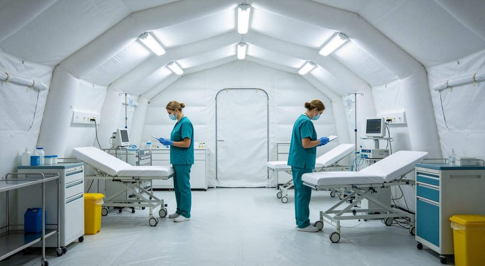 Inflatable medical tent configuration with patient beds, bright interior red and white inflatable emergency shelter for disaster relief operations red and white inflatable emergency tent for disaster relief operations