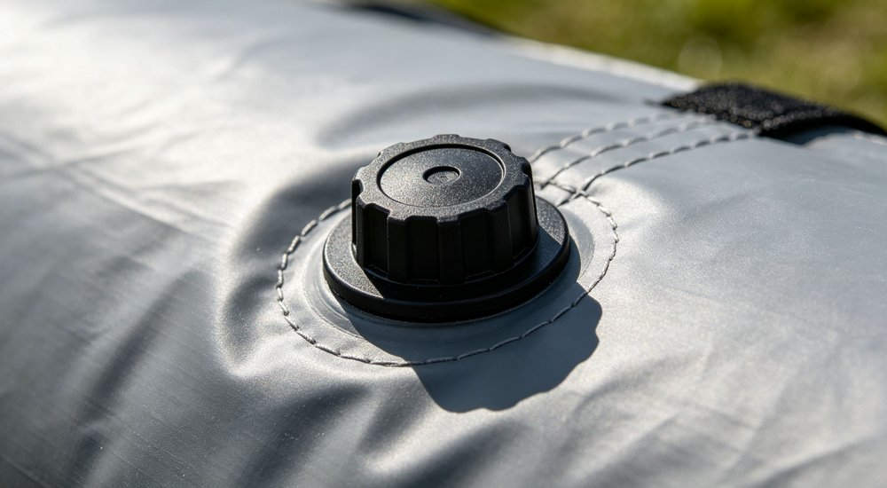 Air valve and pressure retention system on inflatable tent, close-up detail red and white inflatable emergency shelter for disaster relief operations