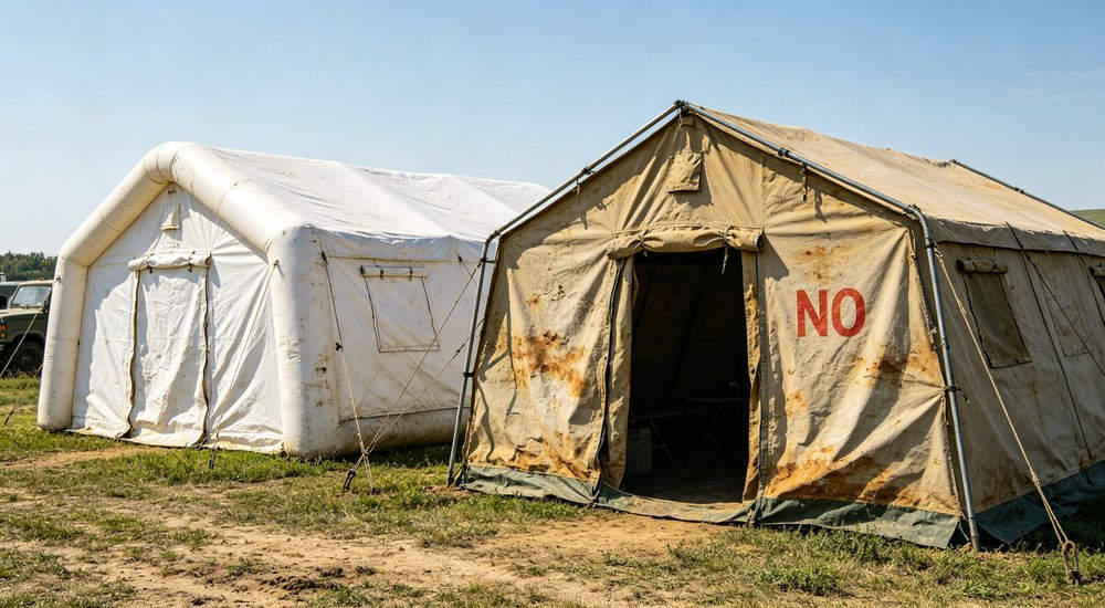 Total cost of ownership table comparing inflatable vs frame tent over 5 years, comparison layout red and white inflatable emergency shelter for disaster relief operations