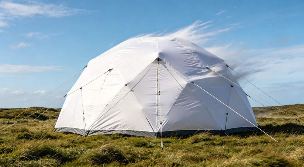 Inflatable tent in strong wind with guy ropes, wind resistance test, green grass red and white inflatable emergency shelter for disaster relief operations