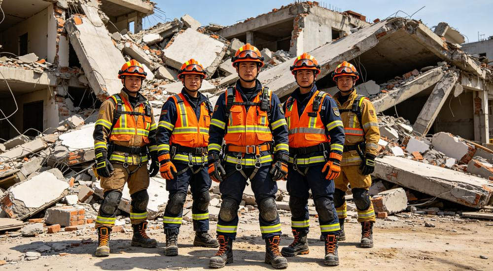 Group photo of rescue team in full PPE, professional earthquake emergency kit equipment used by relief organizations during bulk sourcing for disaster response Group photo of rescue team in full PPE, professional earthquake emergency kit equipment used by relief organizations during bulk sourcing for disaster response