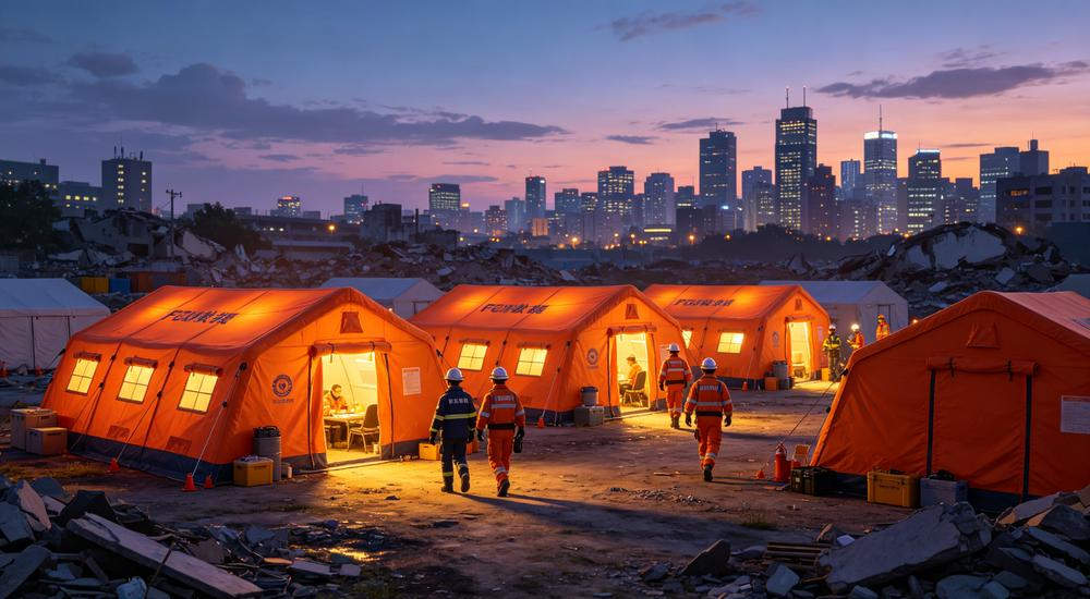Evening view of relief tent camp with orange tents, emergency shelter solutions for NGO procurement and government earthquake response programs worldwide Evening view of relief tent camp with orange tents, emergency shelter solutions for NGO procurement and government earthquake response programs worldwide