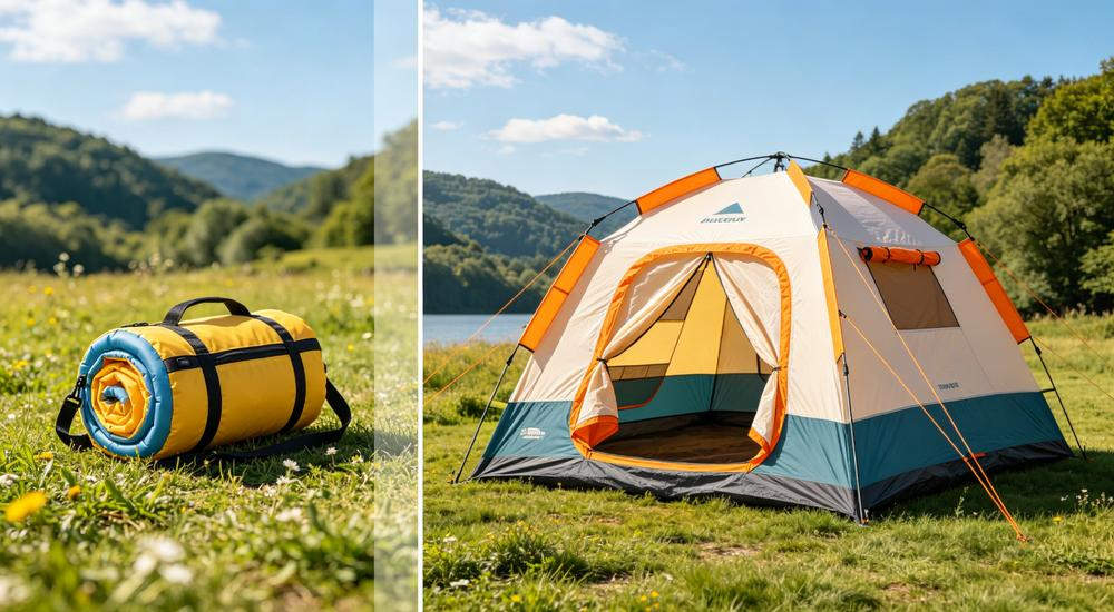 Inflatable tent packed vs erected comparison, fast deployment emergency shelter solution for relief organizations and government earthquake response Inflatable tent packed vs erected comparison, fast deployment emergency shelter solution for relief organizations and government earthquake response