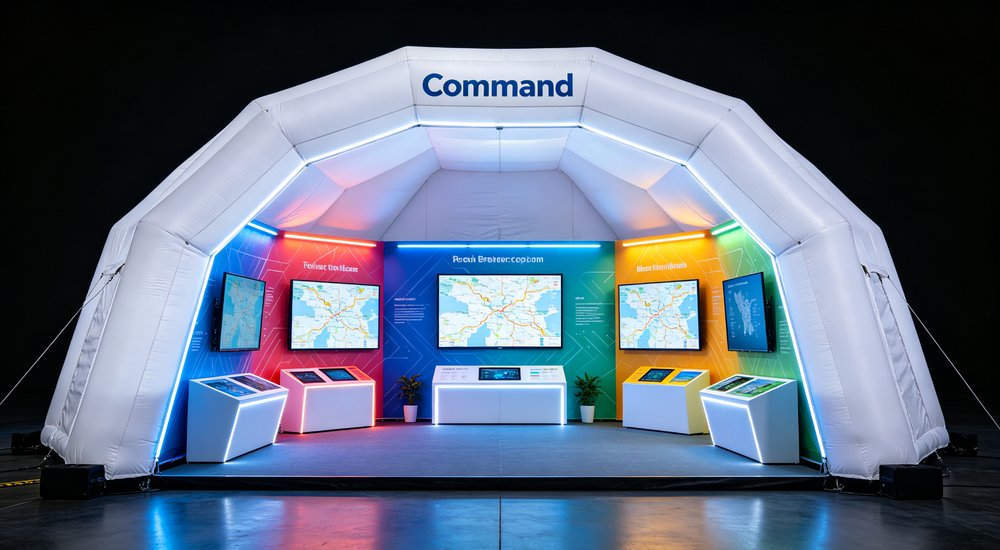 Command center air beam tent, interior with tables, bright lighting red and white inflatable emergency shelter for disaster relief operations
