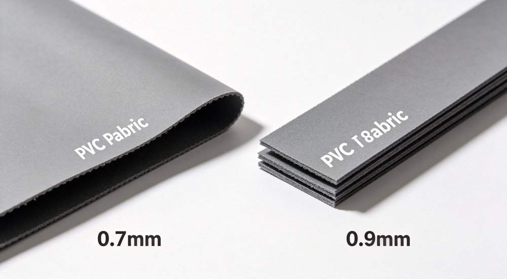 0.7mm vs 0.9mm PVC thickness comparison, side by side, product shot red and white inflatable emergency tent for disaster relief operations