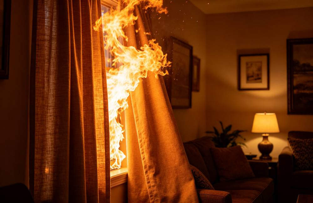 Curtain catching fire on stove top showing how quickly home kitchen fires start in real life during fire prevention awareness today