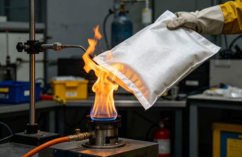Fire blanket undergoing open flame burn test in laboratory to prove 550 degree heat resistance rating for quality assurance today