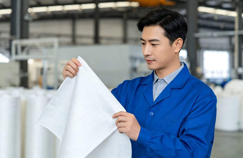 Chinese factory quality control worker inspecting fire blanket stitching before bulk shipment to NGO fire safety programs worldwide today