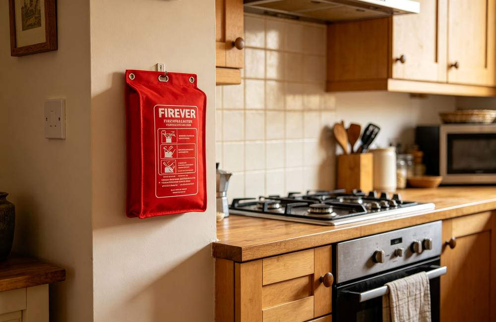 Home kitchen wall mounted fire blanket next to stove quick access during cooking oil fire for residential fire safety today