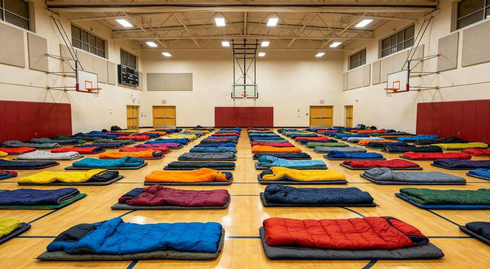 Wide angle view of emergency shelter gymnasium with neat rows of colorful sleeping bags on floor, indoor disaster relief accommodation, bright lighting, clean organized environment Wide angle view of emergency shelter gymnasium with neat rows of colorful sleeping bags on floor, indoor disaster relief accommodation, bright lighting, clean organized environment