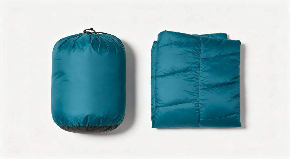 Top view of compressed sleeping bag in stuff sack vs uncompressed, size and weight comparison, white background studio Top view of compressed sleeping bag in stuff sack vs uncompressed, size and weight comparison, white background studio