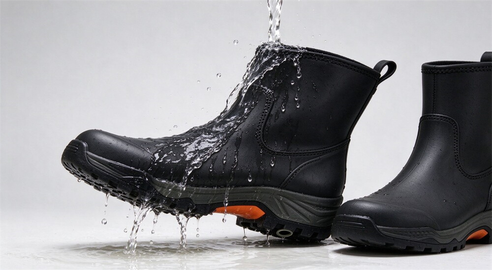 Night flood rescue team wearing headlamp and high visibility gear in swift water boots, glowing orange and black boots visible in dark emergency operation