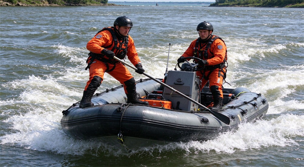 Swift water rescue boots team training in white water river current, crew practicing boat entry and rope work in waterproof neoprene gear