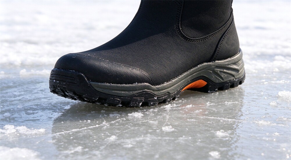 Non slip rescue boots gripping smooth frozen ice surface close up, deep rubber lugs biting thin ice, waterproof boots for winter ice rescue work