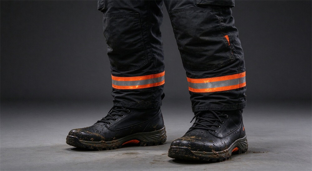 Firefighter in full gear wearing swift water rescue boots close up, waterproof neoprene shell over turnout gear, fire service flood response equipment Firefighter in full gear wearing swift water rescue boots close up, waterproof neoprene shell over turnout gear, fire service flood response equipment