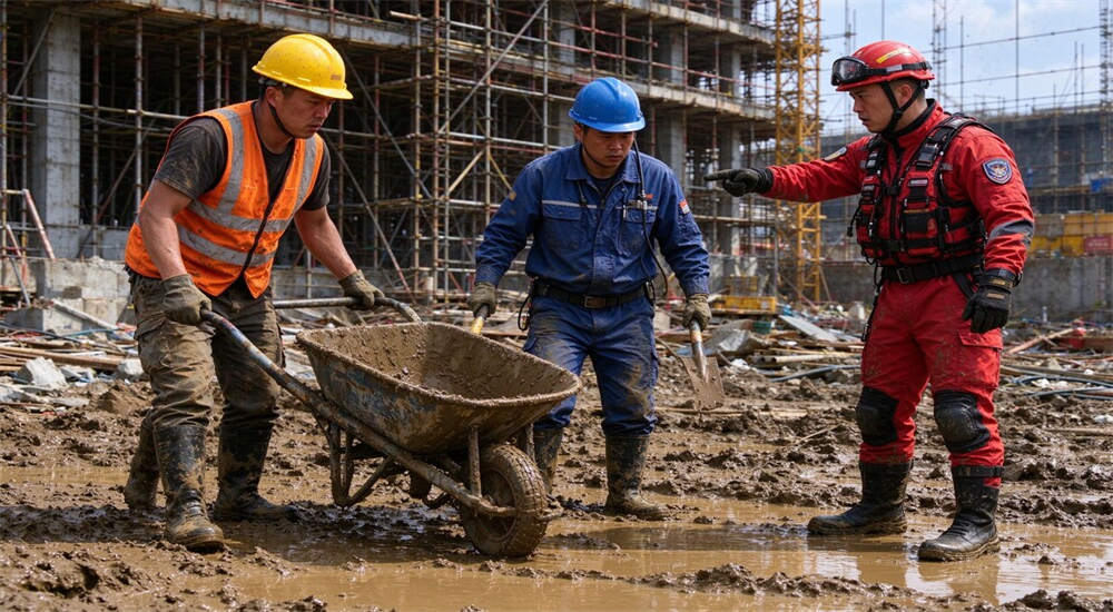 Steel toe construction boots and mixed team workers on muddy worksite wearing flood response boots daily use