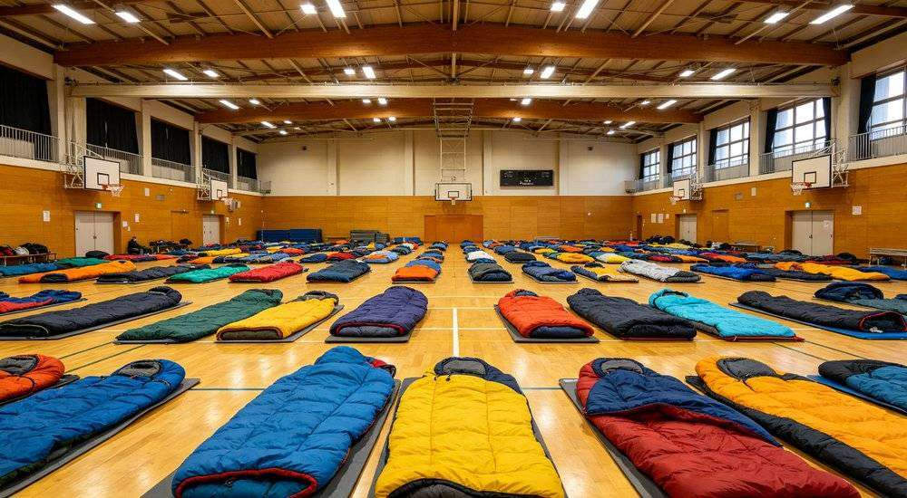 Wide angle view of large gymnasium emergency shelter with neat rows of colorful sleeping bags on floor
