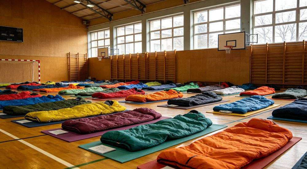 Wide angle view of indoor gymnasium sleeping area colorful sleeping bags with personal mats comfort