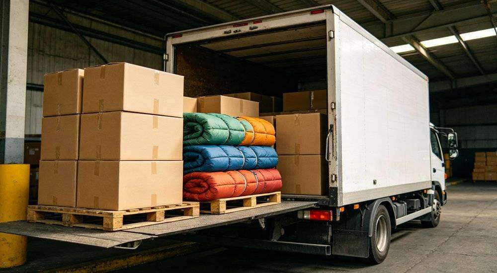 Wide angle view of delivery truck loaded with sleeping bag cartons logistics shipping distribution freight